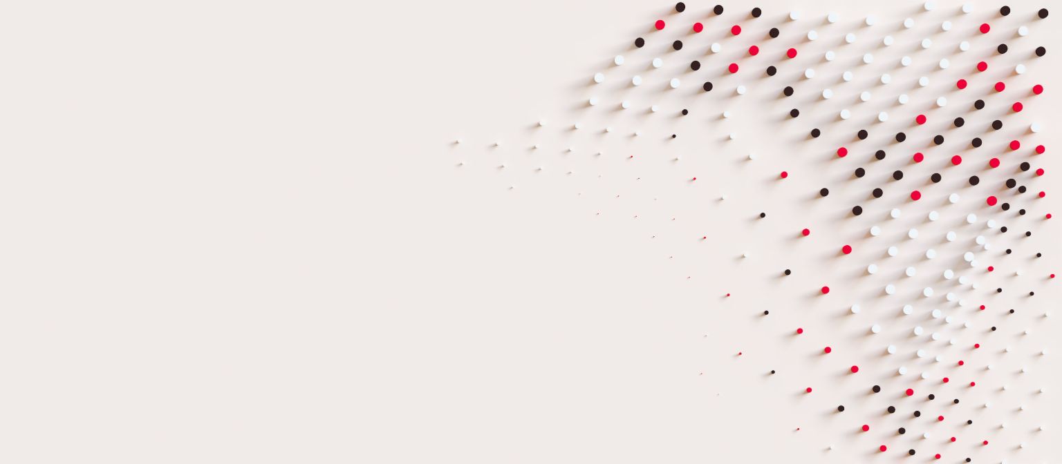Dynamische Grafik mit roten, weißen und schwarzen Punkten, die Bewegung und Innovation im Forderungsmanagement bei EOS symbolisiert